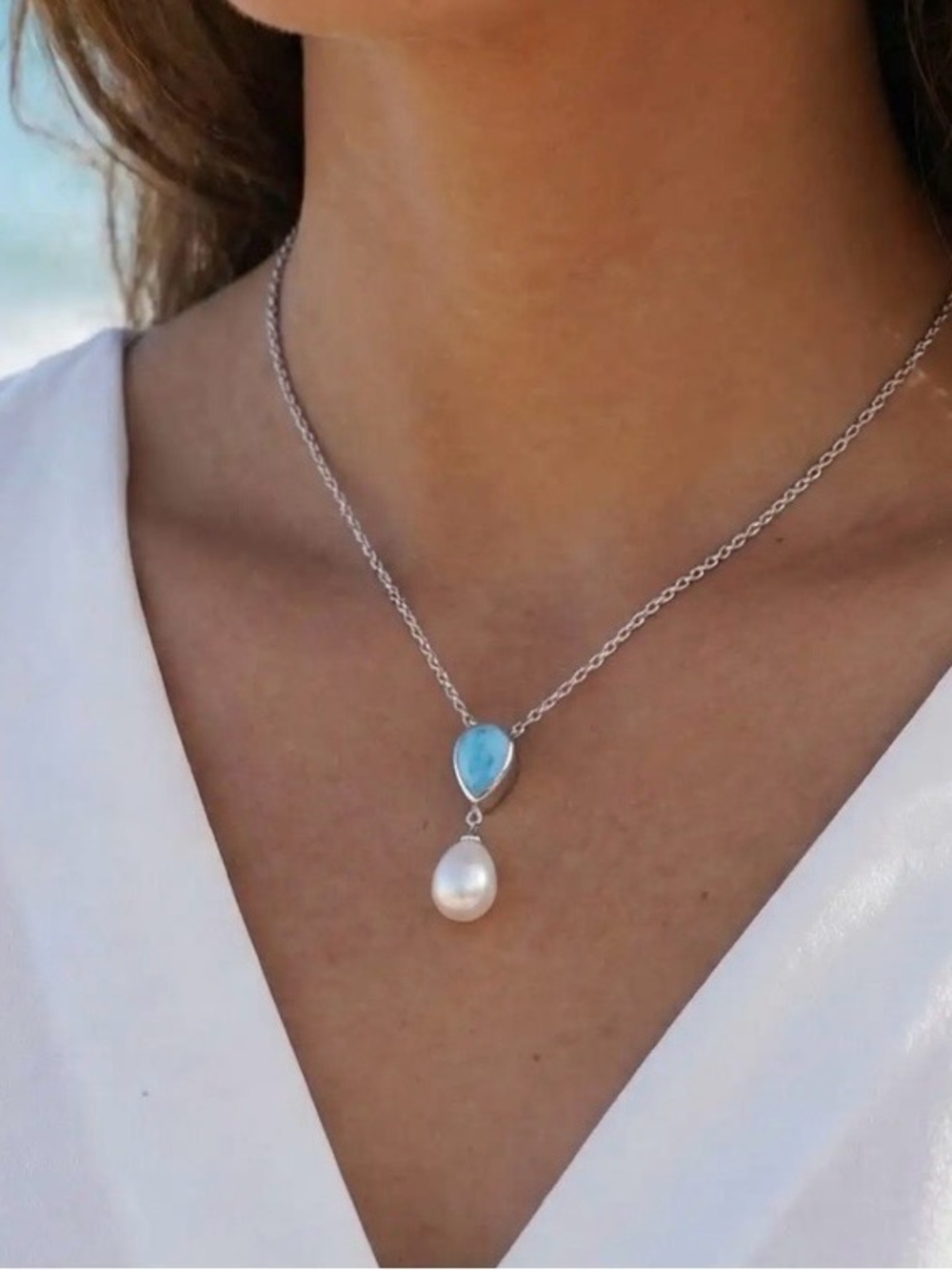 Blue Turquoise (Larimer) and Pearl Pendant Necklace & Earrings Set - Picture 8 of 10